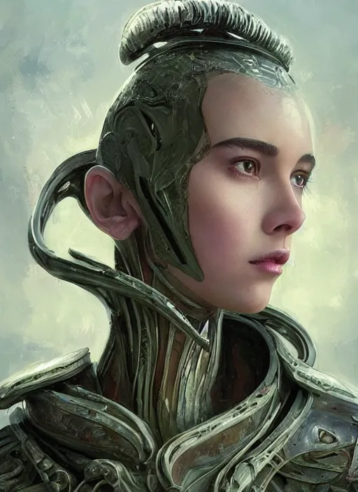 Image similar to a professional painting of a beautiful young female alien, clothed in ethereal armor, olive skin, long dark hair, beautiful bone structure, symmetrical facial features, intricate, elegant, digital painting, concept art, smooth, sharp focus, illustration, from Valerian and the City of a Thousand Planets, by Ruan Jia and Mandy Jurgens and Artgerm and William-Adolphe Bouguerea