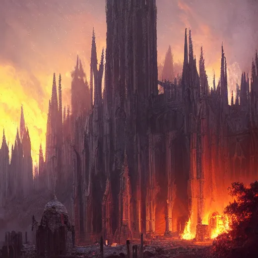 Prompt: burning cathedral ruins, by Andreas Rocha + Ted Nasmith, dark, cinematic lighting, masterpiece, highly detailed, 8k resolution, trending on art station