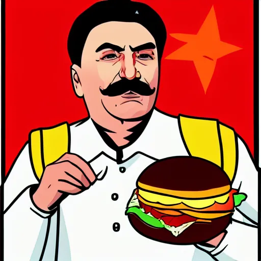 Image similar to Joseph Stalin eating a hamburger in space, digital art