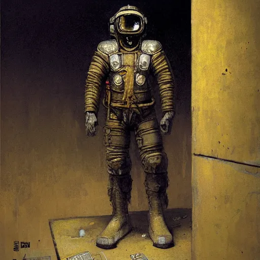 Prompt: painting of exhausted brutalist simian japanese aztec samurai wearing power armor shoulders and arms and astronaut helmet with gold visor, concrete bunker lit by emergency lights, socialist realist science fiction concept art of soldier by rembrandt, greg rutkowski, beksinski, carvaggio, and kahlo