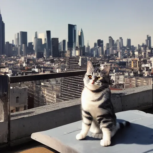 Image similar to an American Shorthair stretch on the rooftop of a metropolis