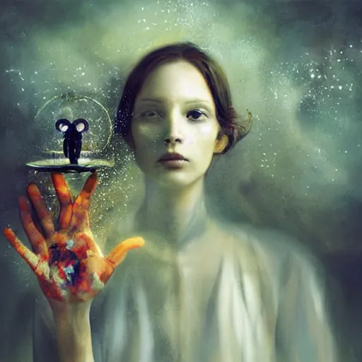 Image similar to A painting. A rip in spacetime. Did this device in her hand open a portal to another dimension or reality?! by Ryohei Hase, by Reylia Slaby precise