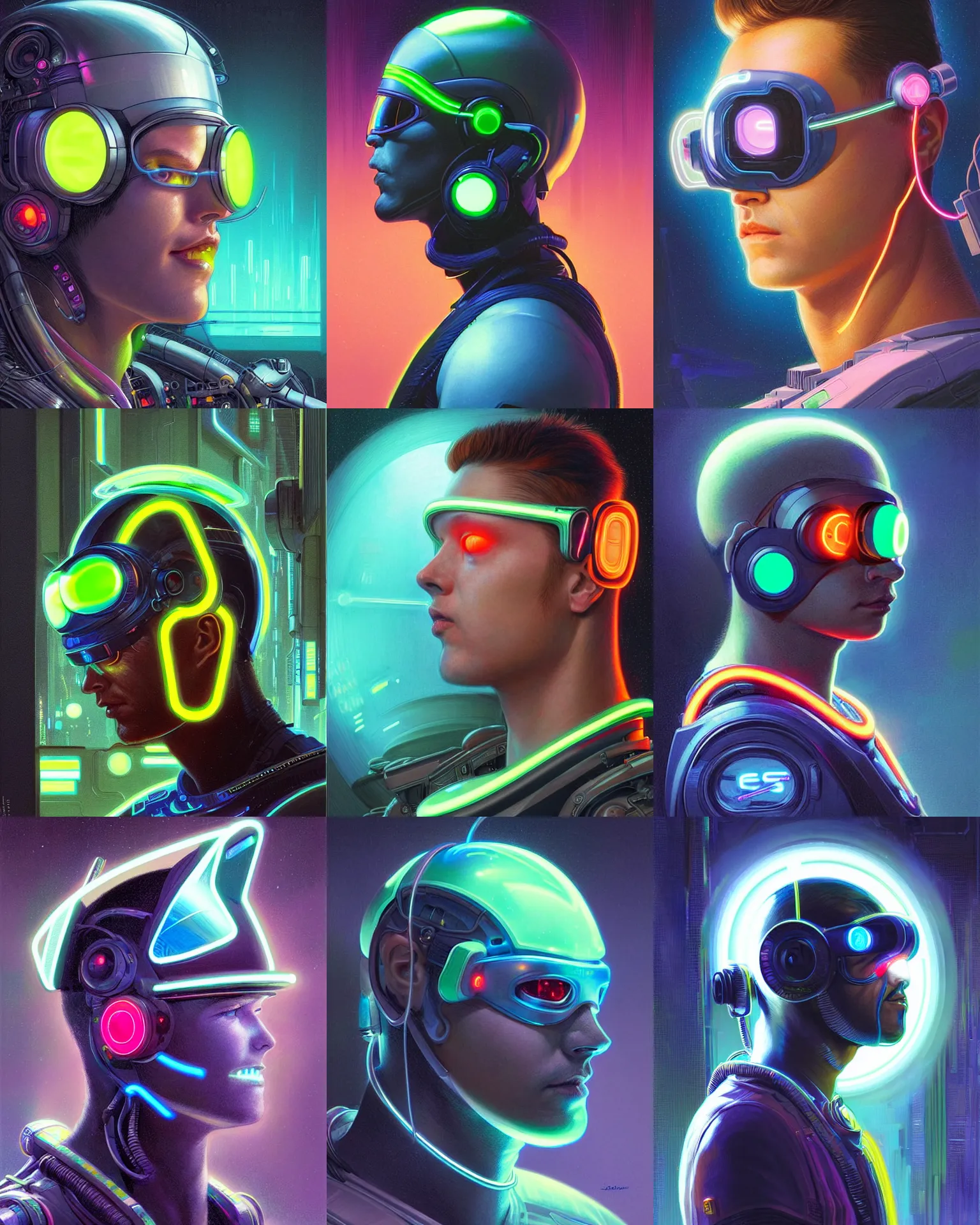 Prompt: sillouete side view future coder man, stylized cyclops display over eyes and sleek glowing headset, neon accents, holographic colors, desaturated headshot portrait digital painting by donato giancola, rossdraws, ivan bilibin, john berkey, astronaut cyberpunk electric lights profile