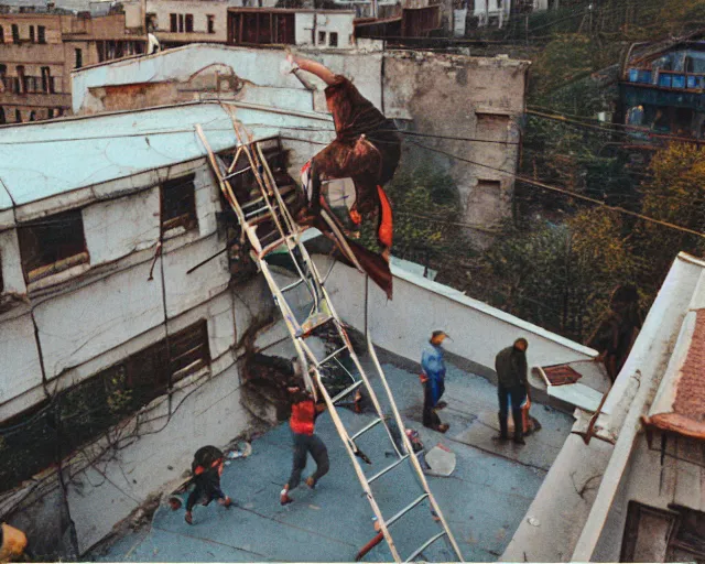 Image similar to lomo photo of roofjumpers climbing on roof of soviet hrushevka, small town, cinestill, bokeh, out of focus