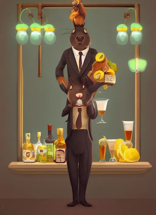 Prompt: squirrel anthro as a dapper bartender with a big, fluffy tail, retro futurism, art deco, detailed, painterly digital art by WLOP and Cory Loftis, 🍸🍋, furaffinity, trending on artstation