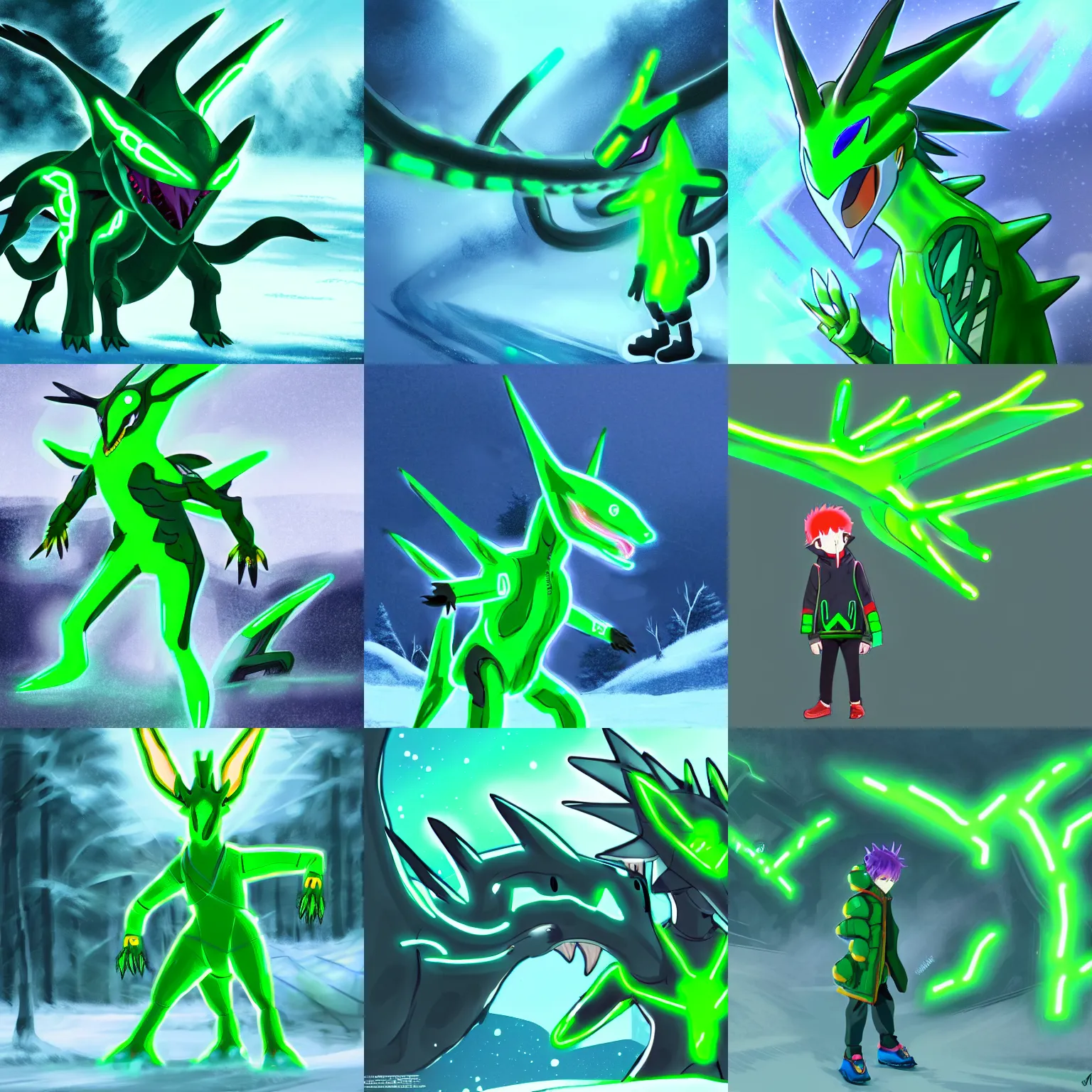 Prompt: a boy in winter clothing facing a neon green dialga, concept art, digital art, very detailed, anime, pokemon, 8 k hd