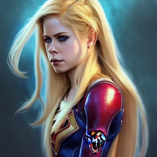 Prompt: beautiful Avril Lavigne as Super Girl, western, closeup, D&D, fantasy, intricate, elegant, highly detailed, digital painting, artstation, concept art, matte, sharp focus, illustration, art by Artgerm and Greg Rutkowski and Alphonse Mucha