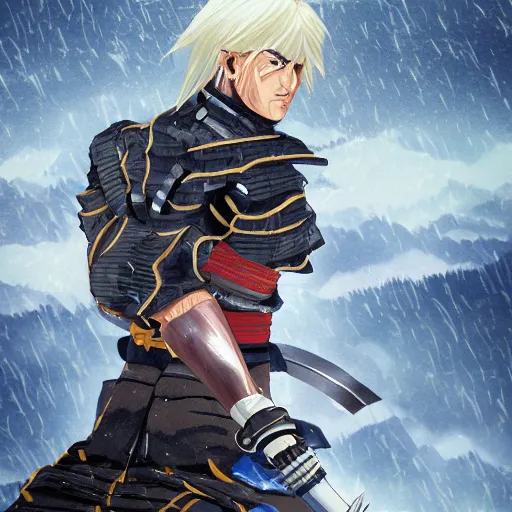 Prompt: A detailed portrait of Raiden Shogun from Genshin Impact standing on a mountain in the rain, 4k, artstation, anime style