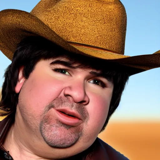 Prompt: close-up cinematic shot of Dan Schneider dressed as a cowboy in the desert, 8k, highly detailed, highly intricate, hd lighting,