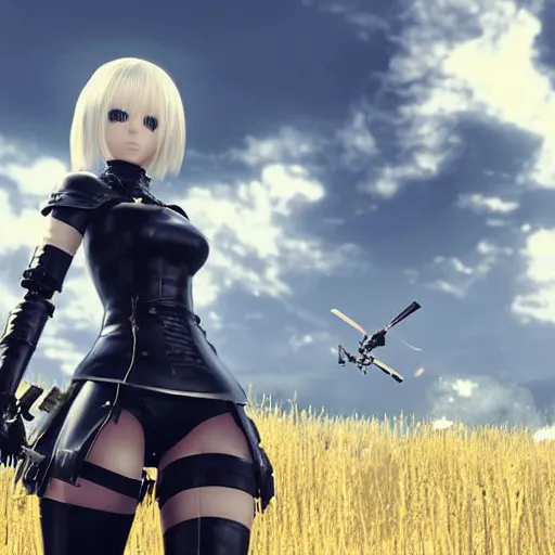 Image similar to a high resolution very detailed image of yorha android fighting a helicopter in nier : automata boss fight, in yellow rye field under blue sky