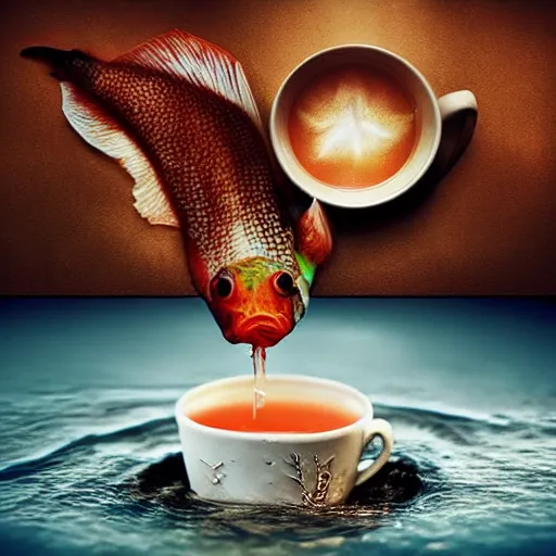 Image similar to photomanipulation of a supernatural fish drinking a cup of tea by a straw.