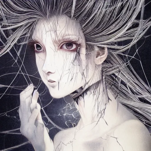 Image similar to Yoshitaka Amano realistic illustration of an anime girl with white hair and cracks on her face wearing dress suit with tie fluttering in the wind, abstract black and white patterns on the background, noisy film grain effect, highly detailed, Renaissance oil painting, weird portrait angle