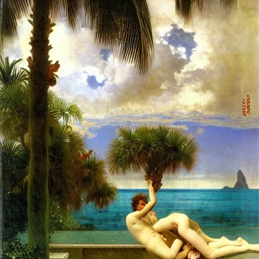 Image similar to The giant column, thunderstorm, greek pool, beach and palm trees on the background major arcana sky, by paul delaroche, alphonse mucha and arnold böcklin arnold böcklin hyperrealistic 8k, very detailed