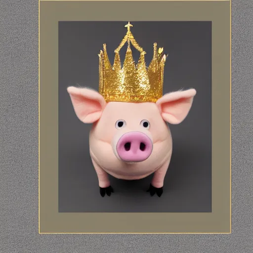 Image similar to studio photograph of a happy pig wearing a gold crown depicted as a muppet standing full body