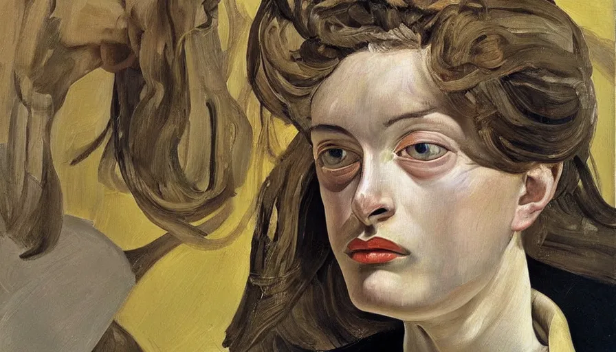 Image similar to painting by lucien freud, young woman, detailed, stunning