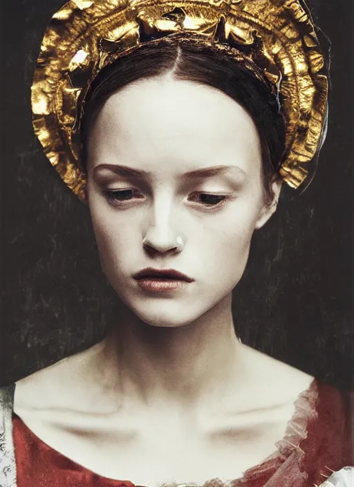 Image similar to portrait of young woman in renaissance dress and renaissance headdress, art by peter lindbergh