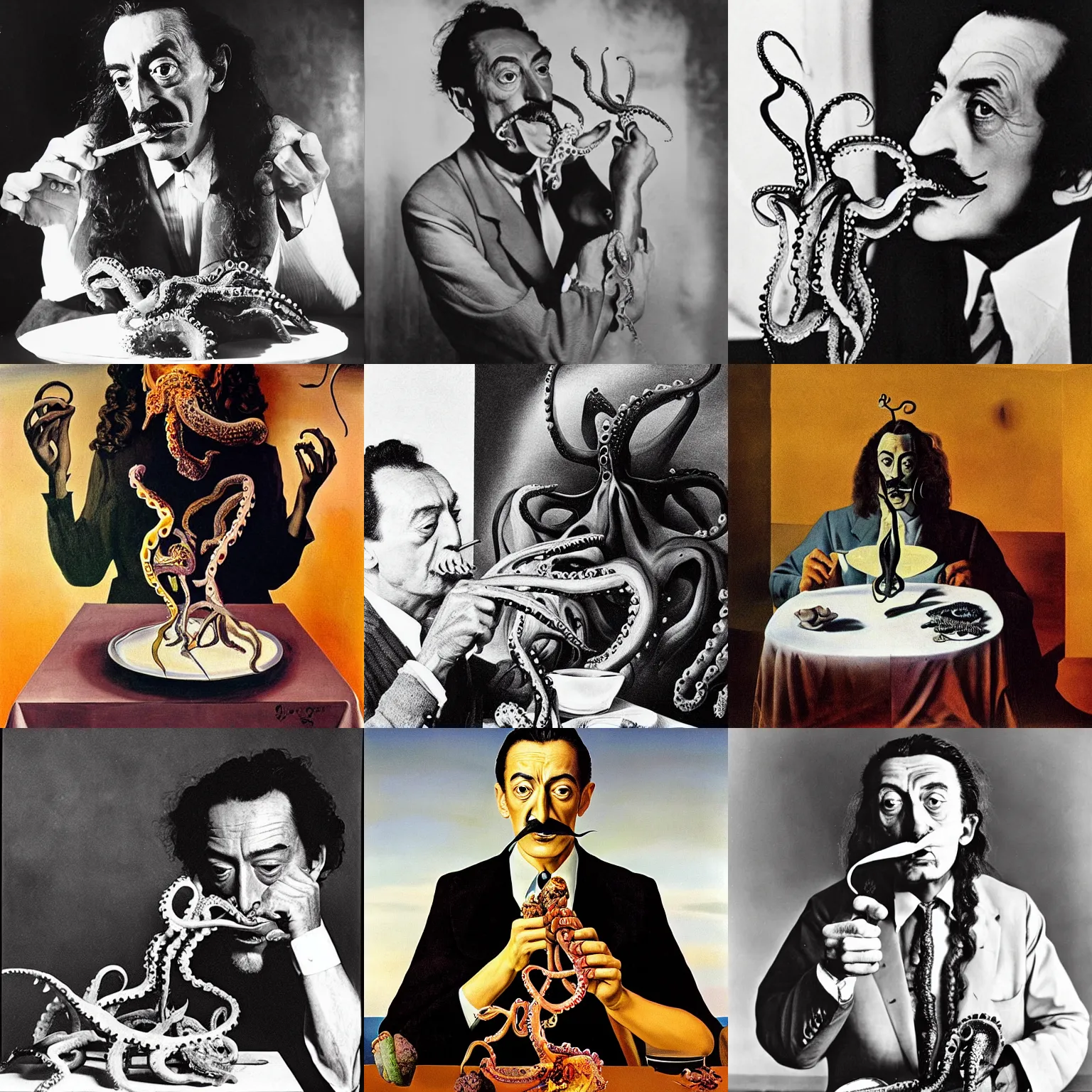 Prompt: portrait of Salvador Dali eating an octopus
