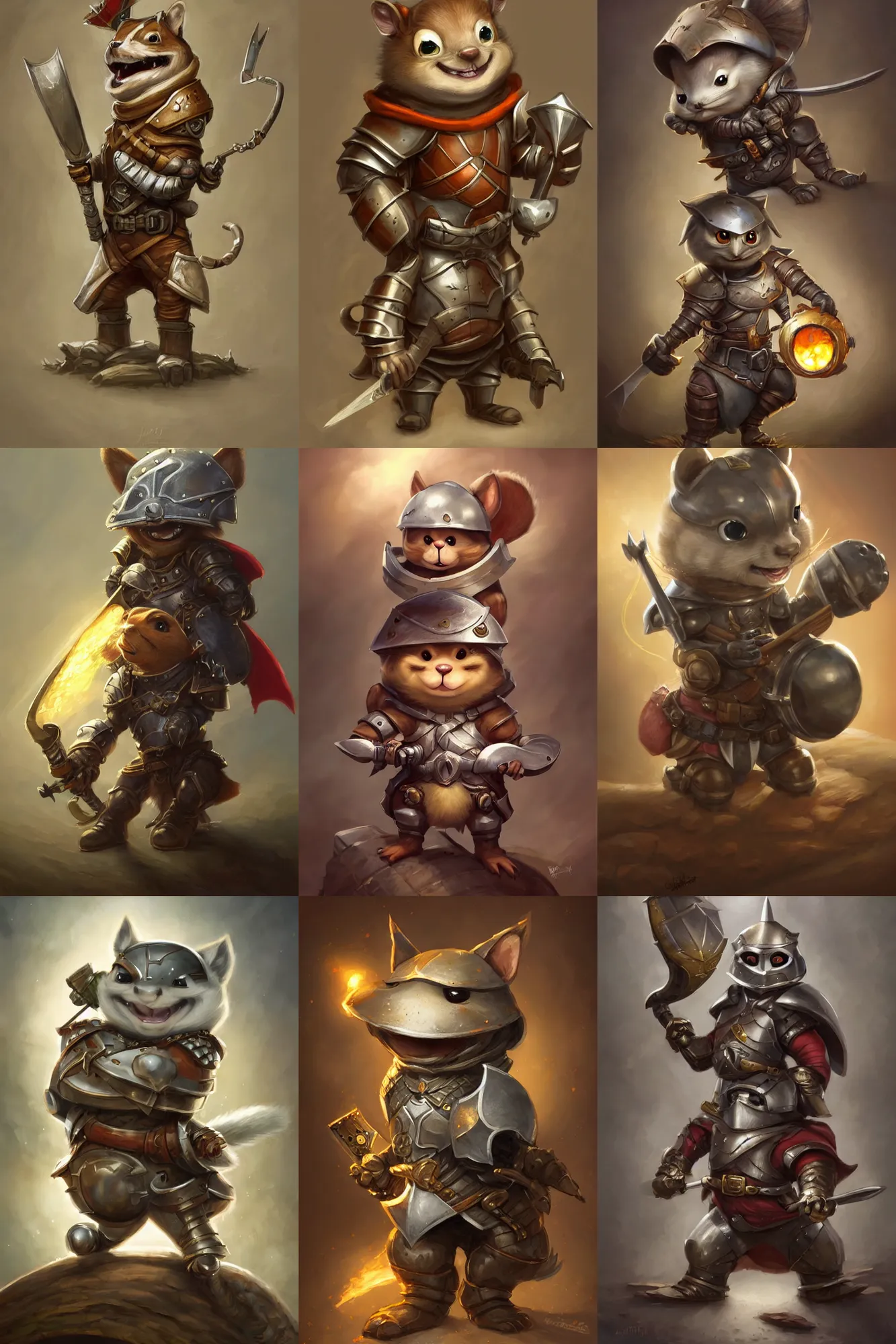 Prompt: cute little anthropomorphic chipmunk knight wearing full metal armor, smiling, DnD character art portrait, ultra realistic, ultra detailed, cinematic lighting, DeviantArt Artstation, by Jason Felix by Steve Argyle by Tyler Jacobson by Peter Mohrbacher