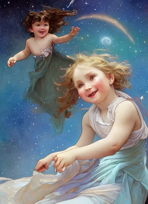 Image similar to a cute little girl with a round cherubic face, blue eyes, and short wavy light brown hair smiles as she floats in space with stars all around her. she is wearing a turquoise dress. beautiful painting by artgerm and greg rutkowski and alphonse mucha