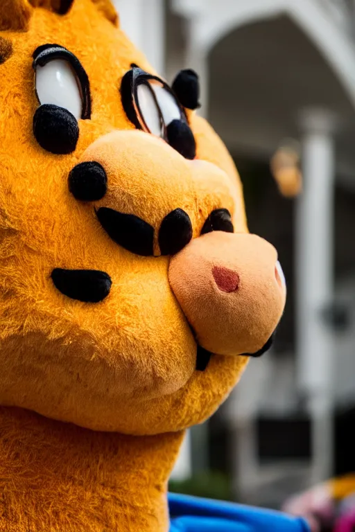 Image similar to portrait of Jacksfilms dressed in Garfield costume, starring in live-action adaptation of the comics, close-up photograph, shallow depth of field