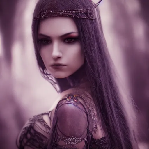 Image similar to beautiful portrait of a dark sorceress female, 35mm, cinematic shot, photorealistic, depth of field