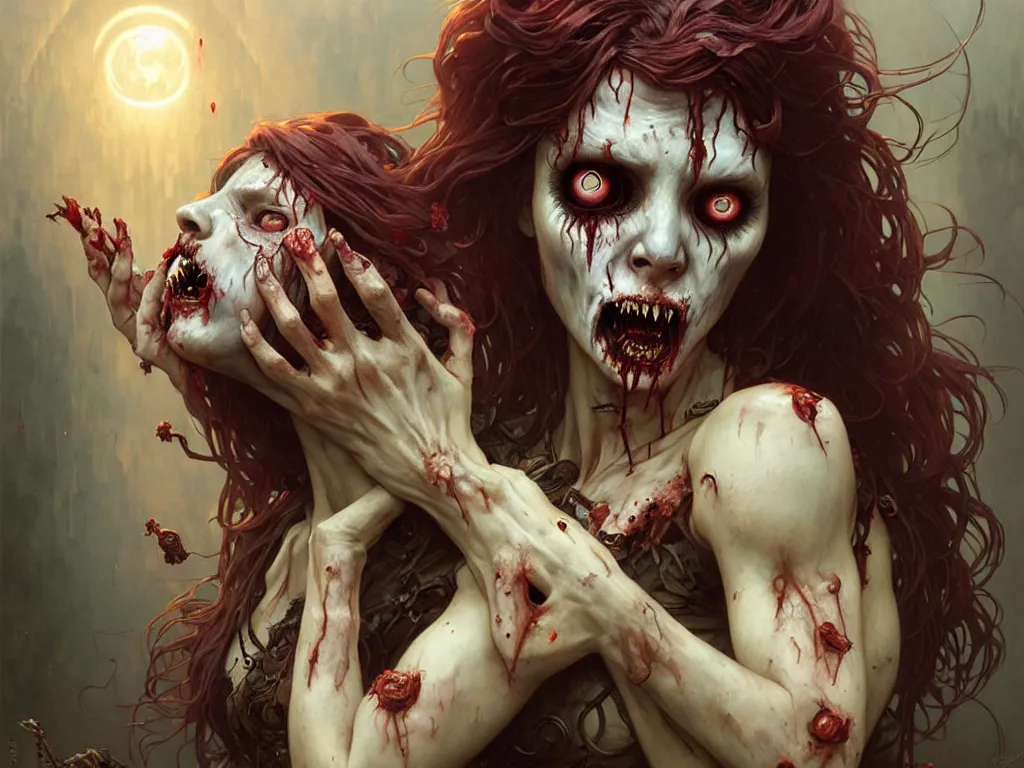 Prompt: female zombie in distress, ultra realistic, concept art, intricate details, eerie, highly detailed, photorealistic, 8 k, unreal engine. art by artgerm and greg rutkowski and magali villeneuve and alphonse mucha