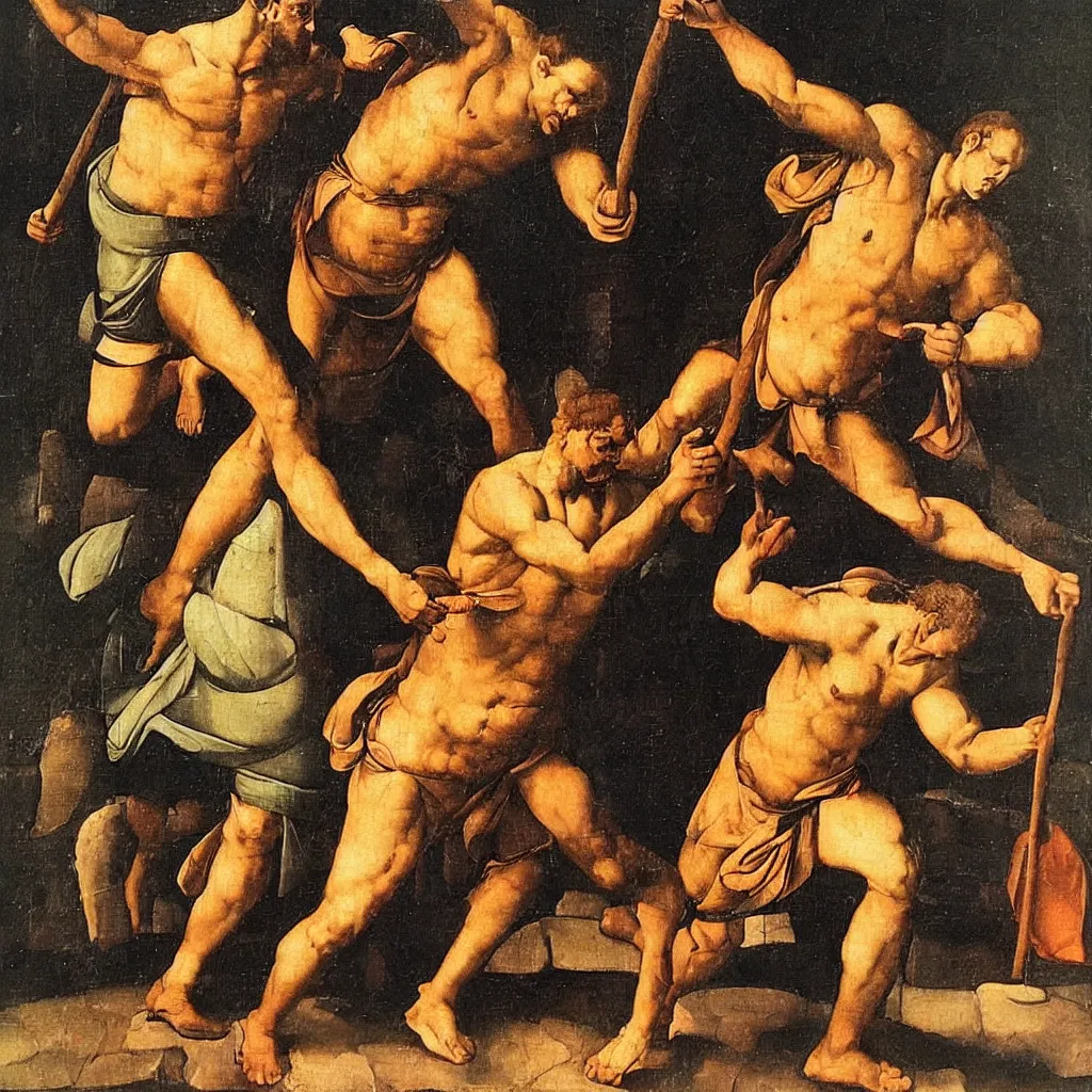 Prompt: painting of goliath against david, leonardo dainvici style,