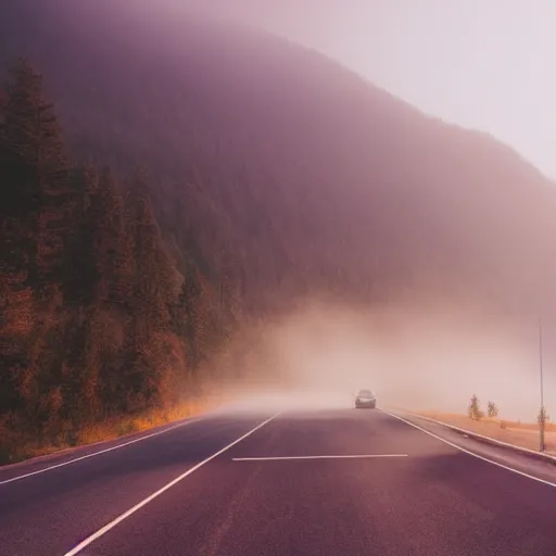 Image similar to bus on misty highway scene, the sun shining through the mountains