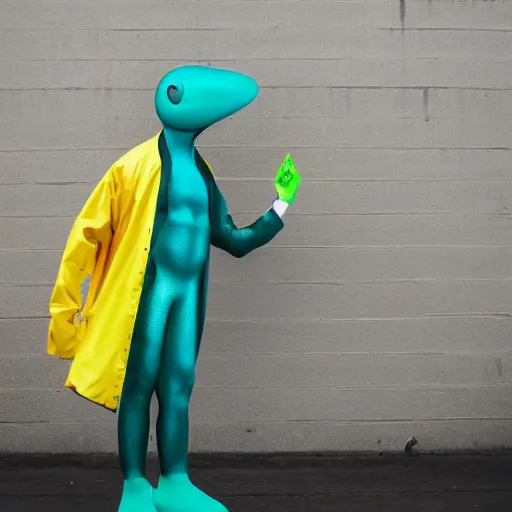 Prompt: Humanoid teal squid standing on two legs wearing yellow raincoat jumping of the edge of a dock in a city that is overwatched by a eye in a hand