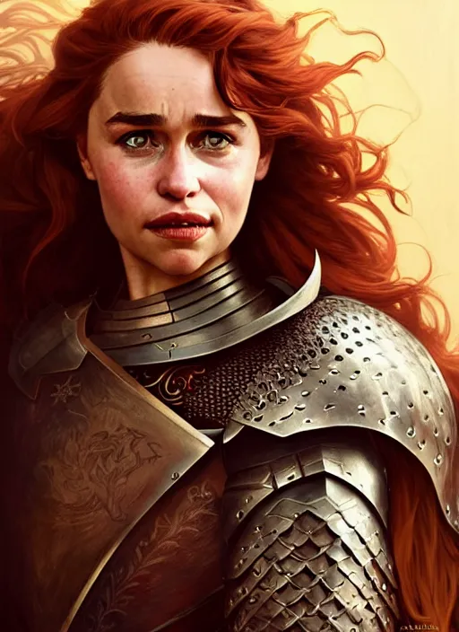 Image similar to portrait of emilia clarke as a knight, medival armor, redhead, sword, dark ages, intricate, headshot, highly detailed, digital painting, artstation, concept art, sharp focus, cinematic lighting, illustration, art by artgerm and greg rutkowski, alphonse mucha, cgsociety