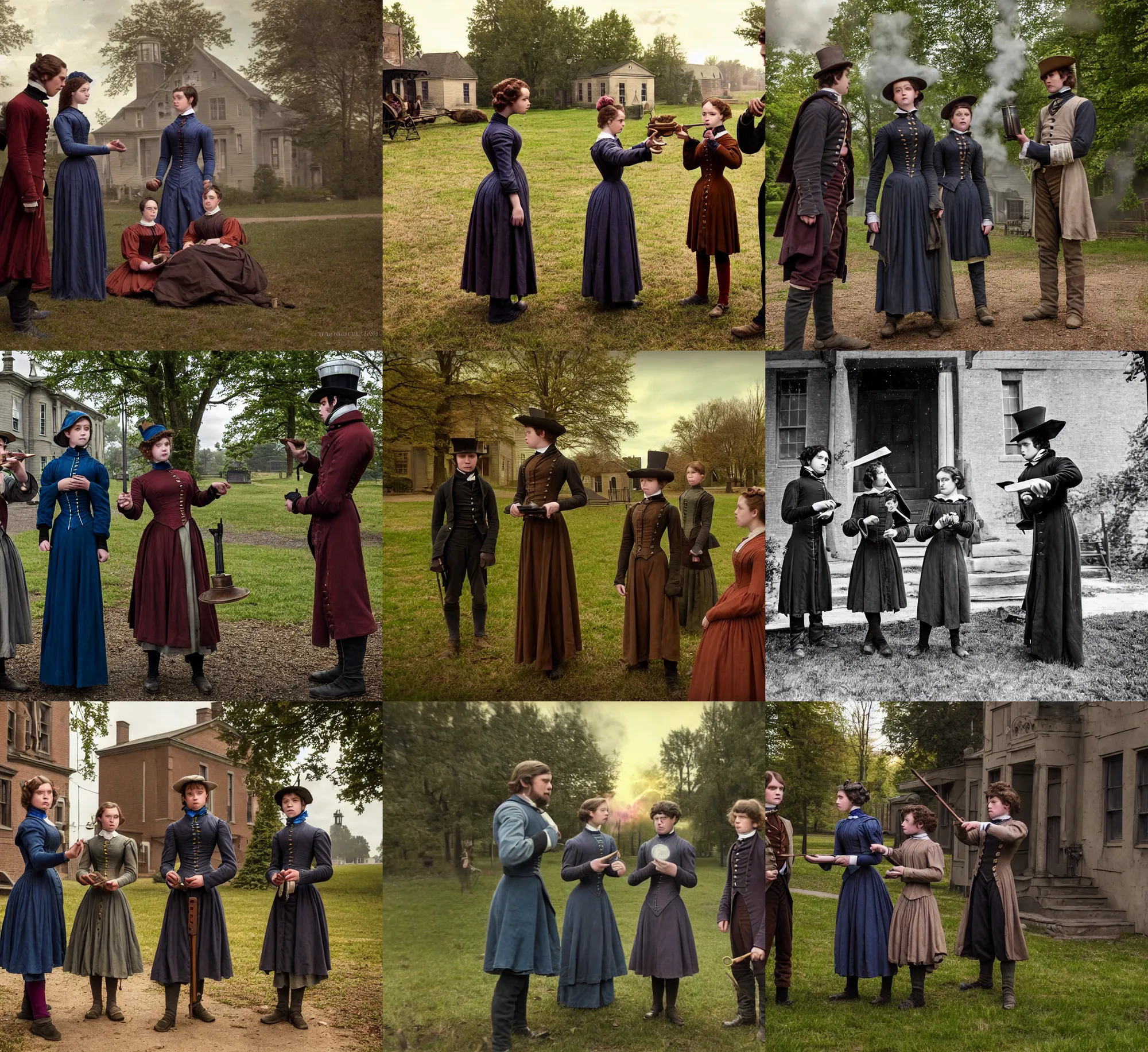 Prompt: sharp lens, detailed, film still from a 2 0 1 9 sci fi blockbuster color movie, set in 1 8 5 0 in an alternate universe, mid distant shot of three students practicing magic, outside the school of magic, 1 8 5 0 s clothing, atmospheric lighting, in focus, detailed eyes, 3 5 mm macro lens, live action, good special effects