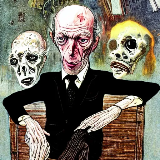 Prompt: Jacob Rothschild full body shot, dollar bills Body horror, biopunk, by Ralph Steadman, Francis Bacon, Hunter S Thompson