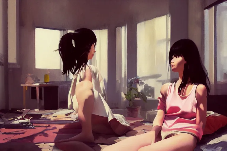 Image similar to A ultradetailed beautiful portrait panting of a stylish girl sitting in a messy modern apartment, bright sunny day, Oil painting, by Ilya Kuvshinov, Greg Rutkowski and Makoto Shinkai