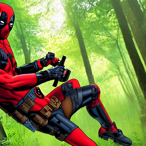 Image similar to deadpool and batman in the woods digital art 4 k detailed super realistic