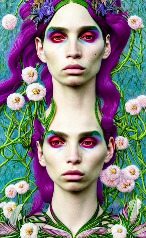 Image similar to the non-binary deity of Spring, 1 figure only, looks a blend of Grimes, Lana Del Rey, Aurora Aksnes, and Zoë Kravitz, it is made entirely out of flora and fauna, in a style combining Botticelli, Möbius and Æon Flux, surrealism, stunningly detailed artwork, hyper photorealistic 4K, stunning gradient colors, very fine inking lines