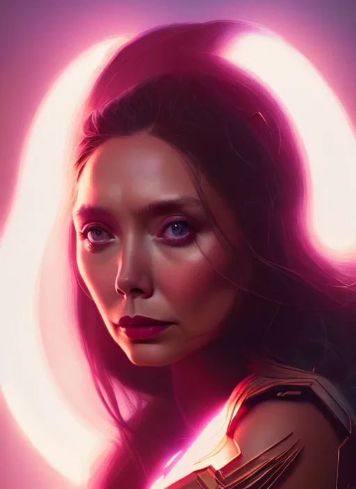 Image similar to portrait of modern darna, elizabeth olsen, intricate, elegant, glowing lights, highly detailed, digital painting, artstation, glamor pose, concept art, smooth, sharp focus, illustration, art by wlop, mars ravelo and greg rutkowski