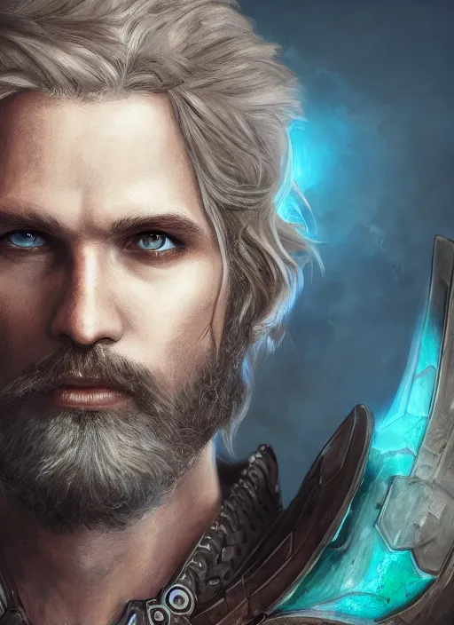 Image similar to an epic fantastic realism comic book style portrait painting of an aasimar paladin, male, shaggy silver hair, short brown beard, steve argyle, d & d concept art, unreal 5, daz, teal aesthetic, octane render, cosplay, rpg portrait, dynamic lighting