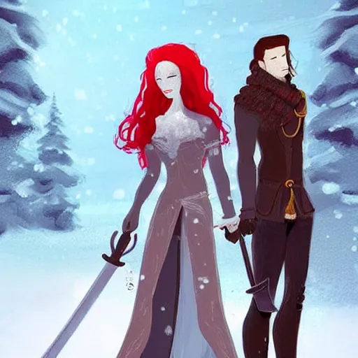 Image similar to A woman and a man are standing in the snow, the woman is leaning against the man, the man has long red hair, the woman has blonde long hair, the man has a red thick sword, the woman has a thin, long sword, a tree almost fully covered in bulky snow, concept art by Fabien Charuau, trending on pixiv, fantasy art, official art, wiccan, concept art, 4k, sharp details