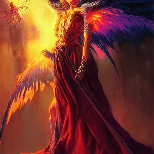Image similar to young vampire princess with burning wings 4 k high definition colorful dramatic lighting artstation trending path traced contrast light and dark cinematic breathtaking saturated by noriyoshi ohrai, patrick woodroffe, and hans zatzka