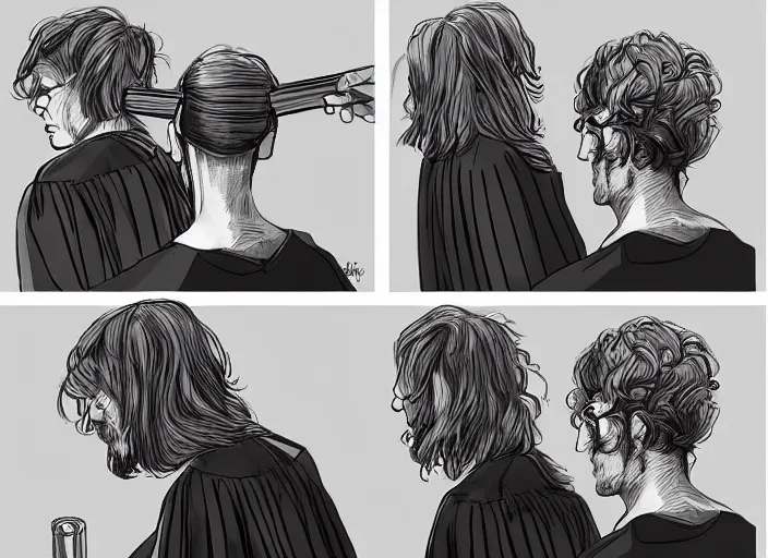 Image similar to judge wearing a bench wig is making a haircut to another judge with a bench wig, only two person in the scene, concept art, artstation, fractals