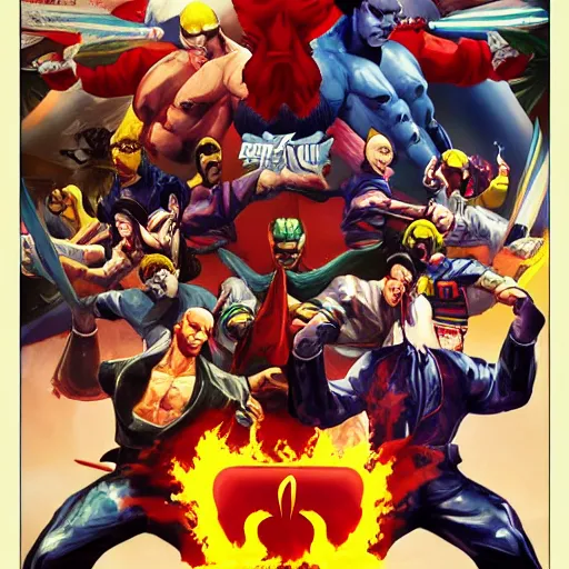 Image similar to the cover of an Iron Fist Tournament fighting game, a poster by Arent Arentsz, trending on cgsociety, neogeo, 8k, official art, high resolution