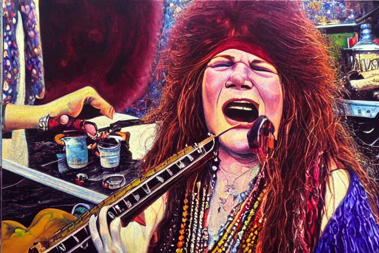 Image similar to highly detailed oil painting of janis joplin playing in woodstock, very realistic, top view, art nouveau, dramatic light,