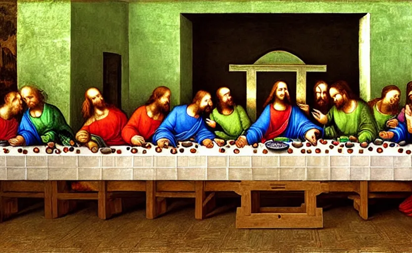 Prompt: painting of the last supper with pepe the frog, painting by leonardo da vinci