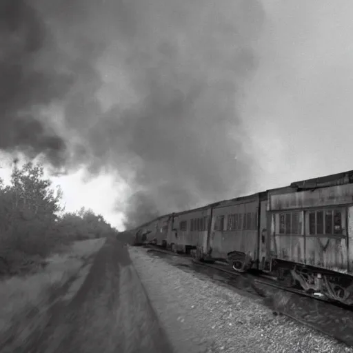 Image similar to Old boxcar train on the railroad, fire in the background, atmospheric and depressed, post-apocalyptic, Cinematic, film still from a horror movie