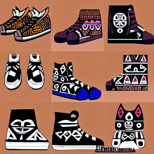 Image similar to sneaker design designed by studio ghibli, aztec mayan street fashion native punk sneaker design, majora's mask, wearing wooden mask, hip hop sneaker design with subtle mayan patterns, gapmoe yandere grimdark, trending on pixiv fanbox, painted by greg rutkowski makoto shinkai takashi takeuchi studio ghibli, akihiko yoshida