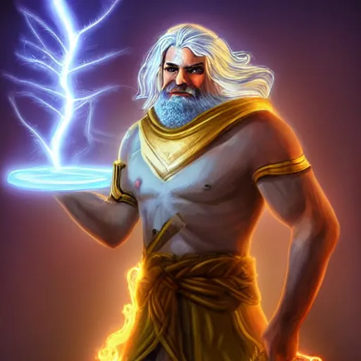 Image similar to Zeus with white beard and hair, lightning bolt in Zeus's hand, hearthstone art style, epic fantasy style art, fantasy epic digital art, epic fantasy card game art