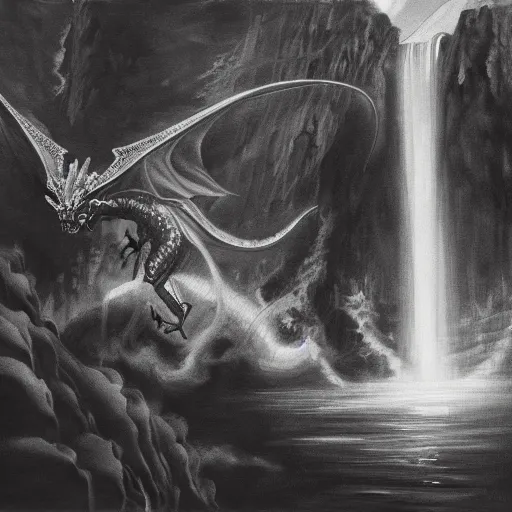 Image similar to oil painting of a dragon with black and white stripes flying in the air near a cave with a waterfall in the center, light emanating from the waterfall leading to a big pool of water, elegant, sharp focus, wide shot, clear, detailed, early renaissance