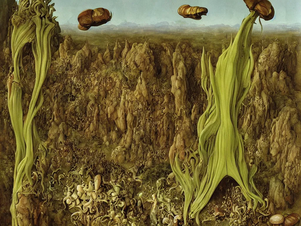 Image similar to Diaphanous giant extinct moth snail alien plant. Croud gathered at the feet of the creature. Painting by Jan van Eyck, Roger Dean