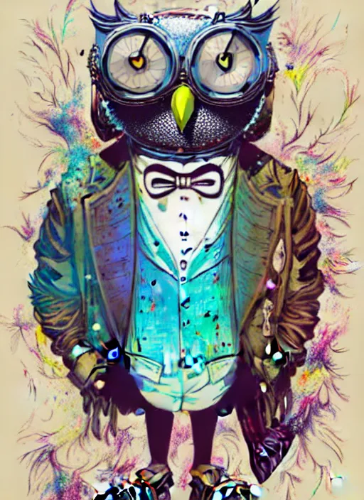 Image similar to anthropomorphic wise wealthy white - owl travels through time via steampunk portals, pixiv fanbox, dramatic lighting, maximalist pastel color palette, splatter paint, pixar and disney exploded - view drawing, graphic novel by fiona staples and dustin nguyen, peter elson, alan bean, wangechi mutu, clean cel shaded vector art, trending on artstation