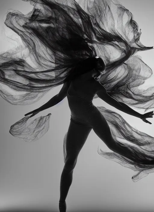 Image similar to a Photorealistic dramatic hyperrealistic render of a beautiful Female smoke dancer by Ken Brower and Deborah Ory of NYC Dance project,Lois Greenfield,Flowing cloth and smoke,Beautiful dynamic dramatic dark moody lighting,volumetric,shadows,cinematic atmosphere,Octane render,8K